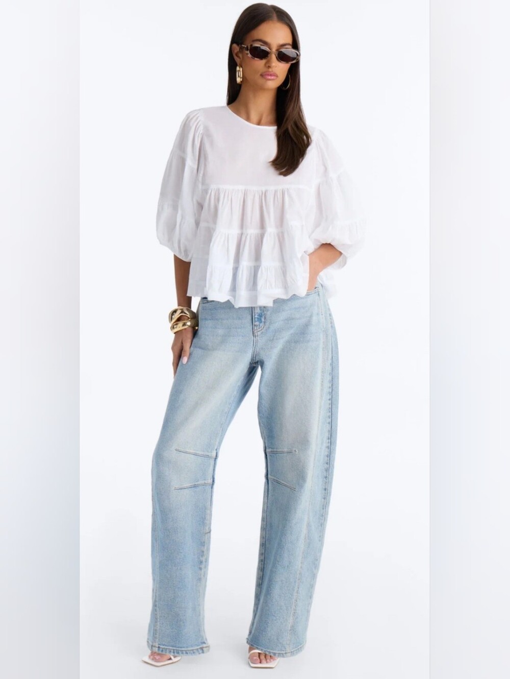HYFVE White Tiered Puff Sleeve Peasant Top